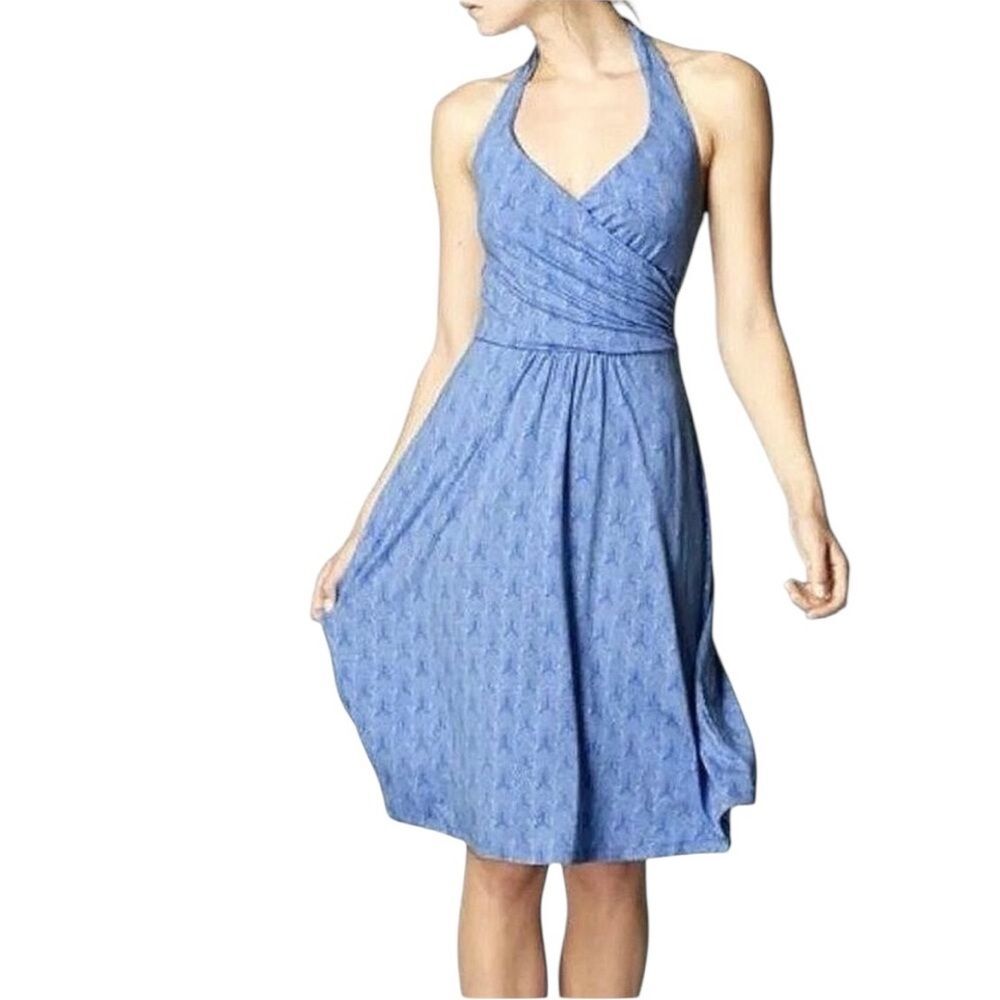 Boden Jersey Knit Halter Dress Blue Geometric Print Stretch Womens Size 10 Long